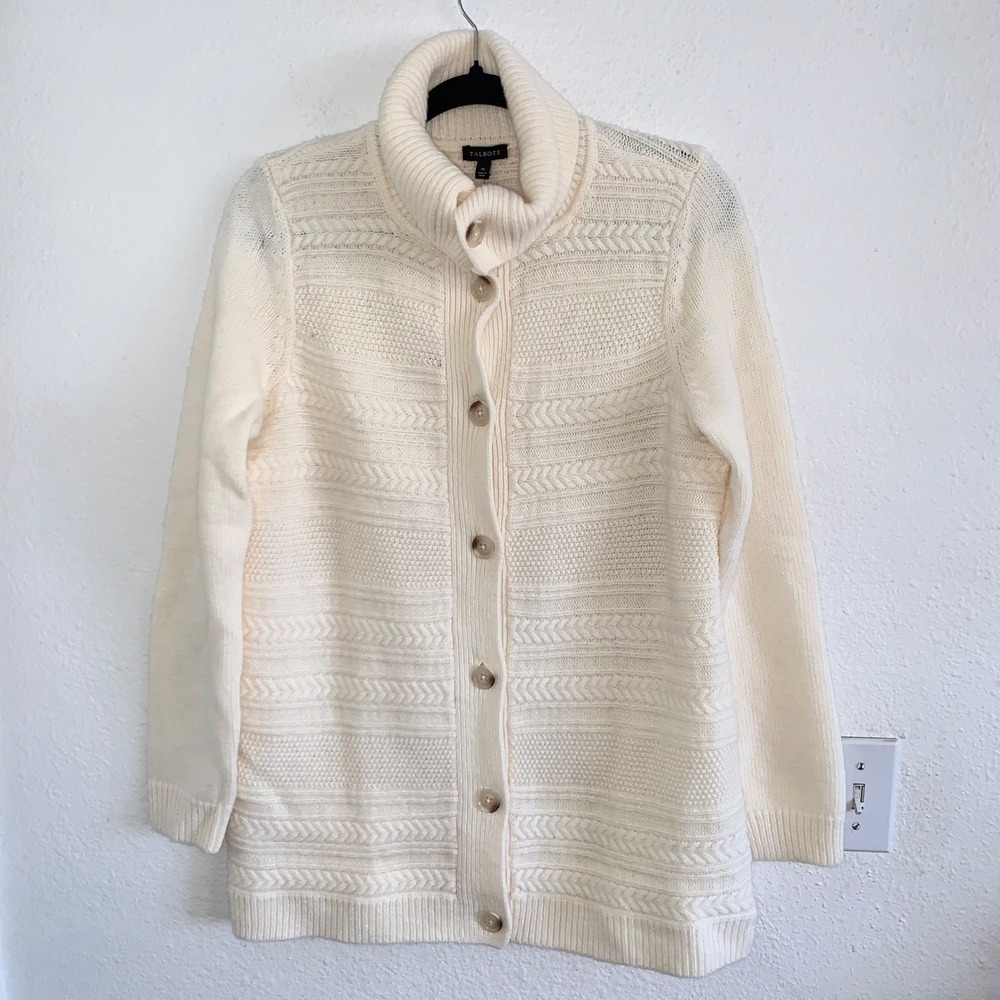 Talbots Cream Cotton Wool Blend Cable Knit Button Front Cardigan Sweater M NEW